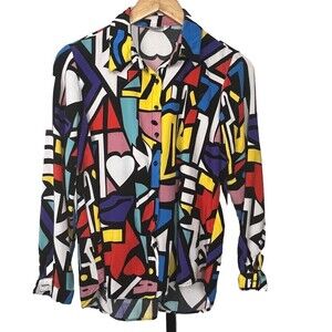 Big‎ Dart Top Medium Vintage Abstract Art Colorful Haring Style Button Up Shirt